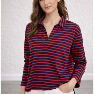 Frank & Eileen LAB5105T Womens S Striped Popover Shirt Red Navy $198 Boxy
